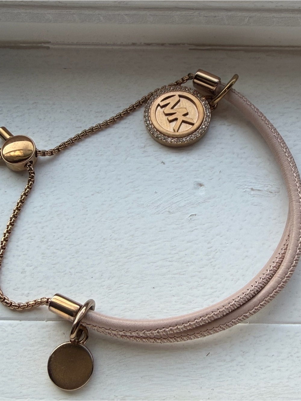 Michael Kors Blush Leather Bracelet with Rose Gold MK Charms